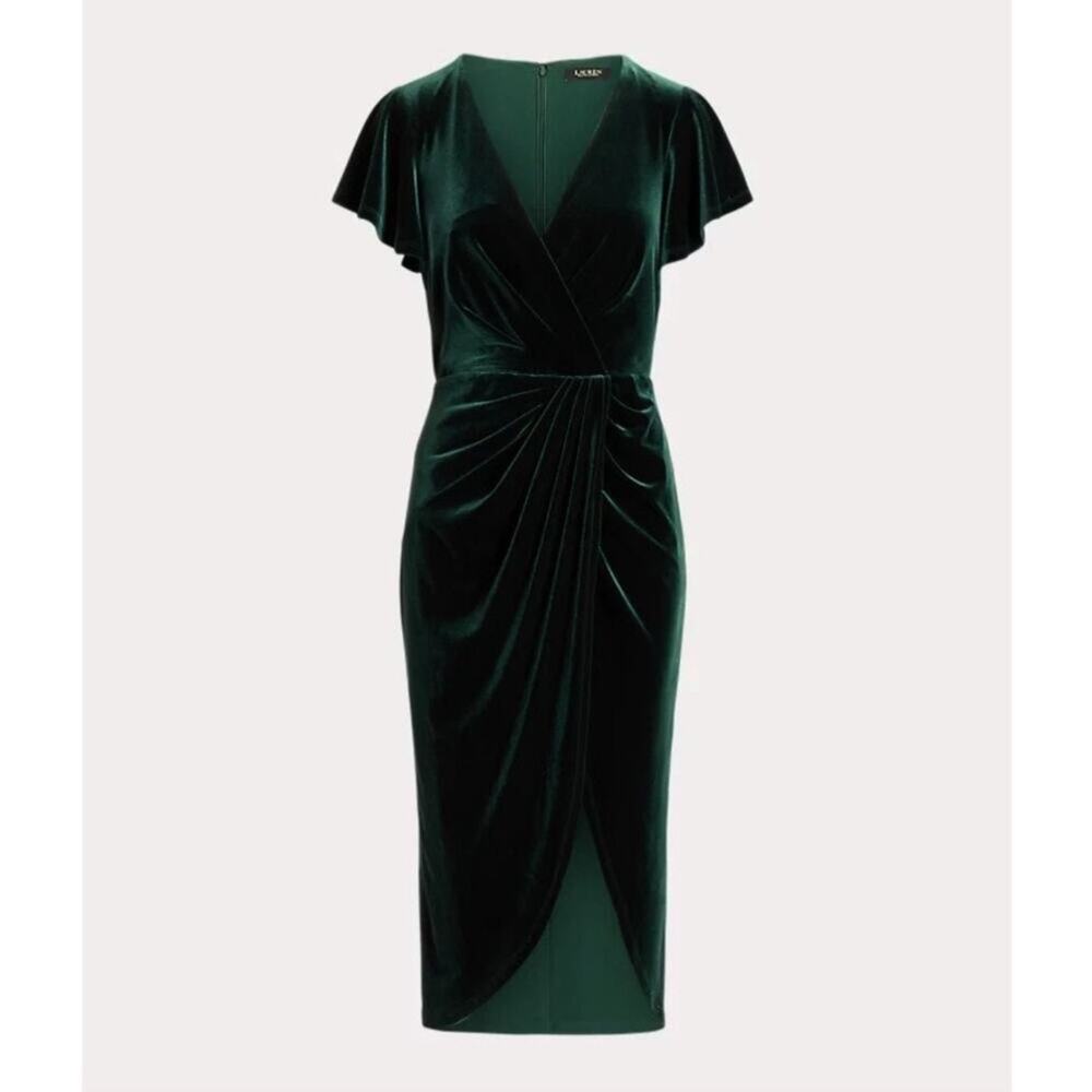 Lauren Ralph Lauren Velvet Flutter Sleeve Cocktail Midi Dress Green 6